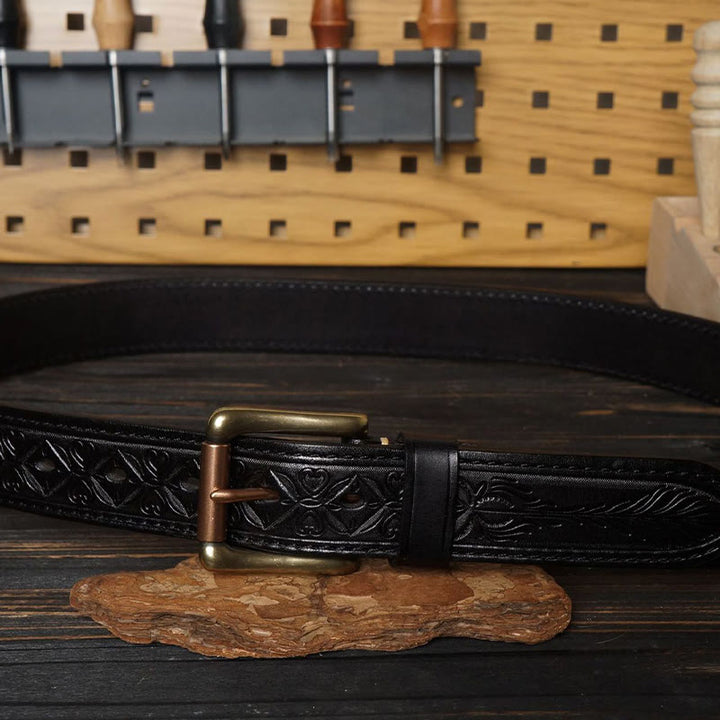 Solid Brass Buckle Western Embossed Flower Leather Belt - image 11