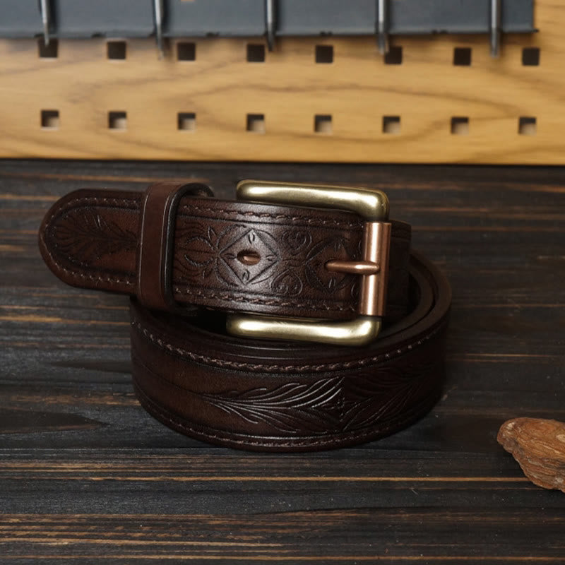 Solid Brass Buckle Western Embossed Flower Leather Belt - Coffee - 46 - image 6