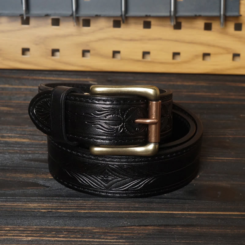 Solid Brass Buckle Western Embossed Flower Leather Belt - Black - 46 - image 9