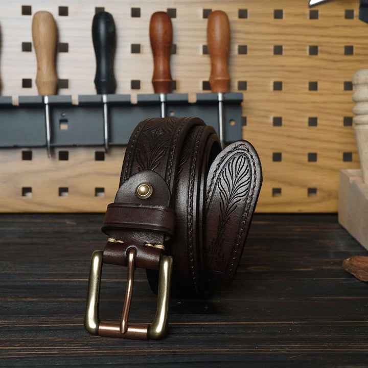Solid Brass Buckle Western Embossed Flower Leather Belt - image 7