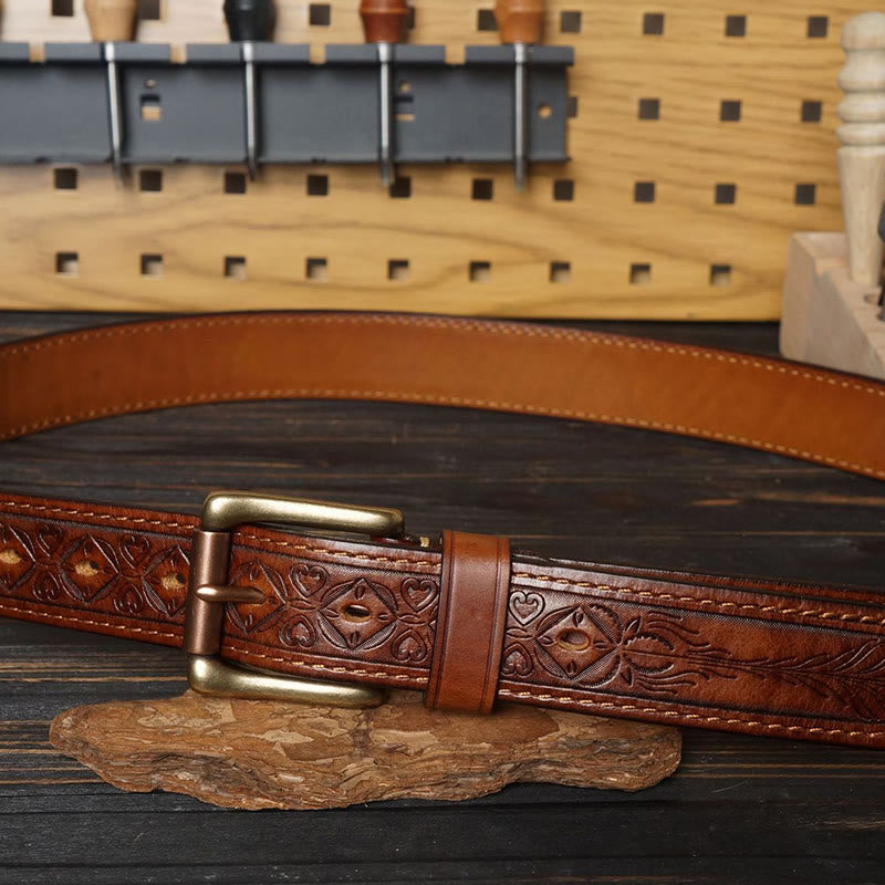 Solid Brass Buckle Western Embossed Flower Leather Belt - image 2