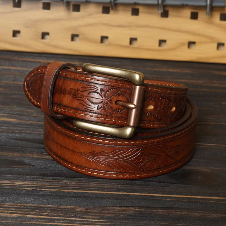 Solid Brass Buckle Western Embossed Flower Leather Belt - Khaki - 46 - image 0
