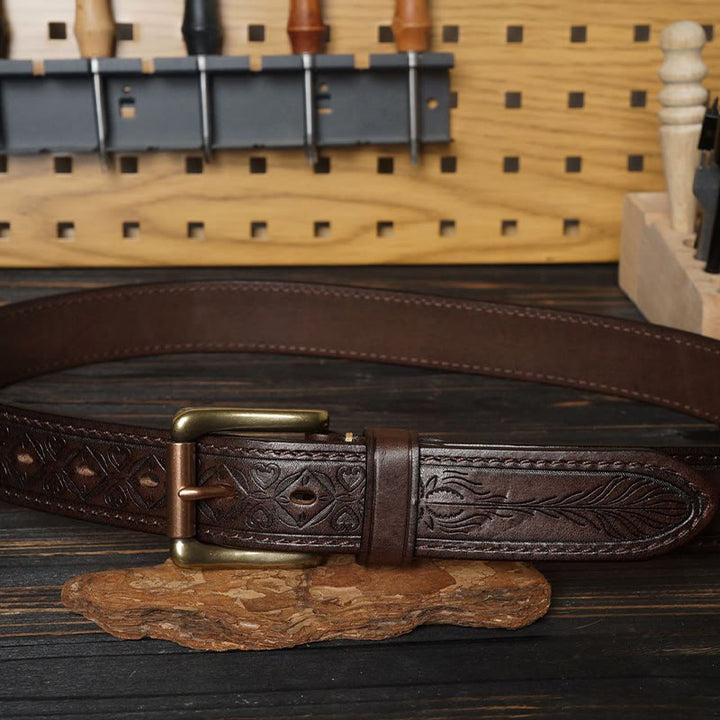 Solid Brass Buckle Western Embossed Flower Leather Belt - image 8