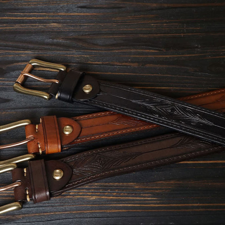 Solid Brass Buckle Western Embossed Flower Leather Belt - image 3