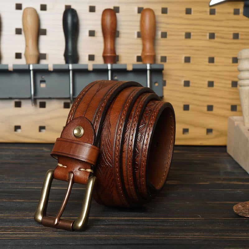 Solid Brass Buckle Western Embossed Flower Leather Belt - image 1