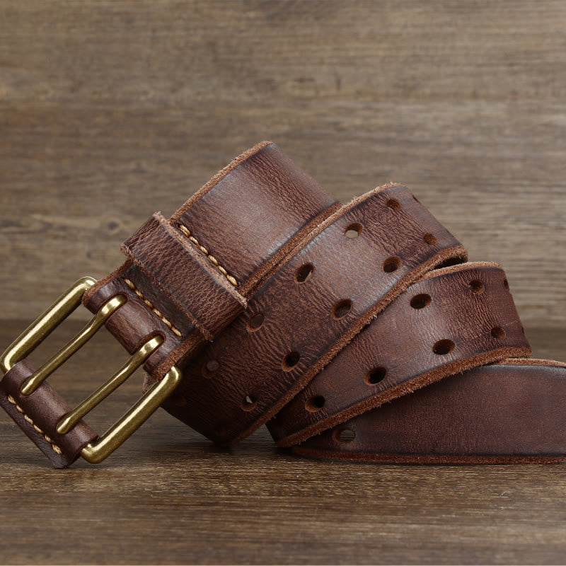 Double Prong Buckle Western 2 Holes Leather Belt - Coffee - 46 - image 2