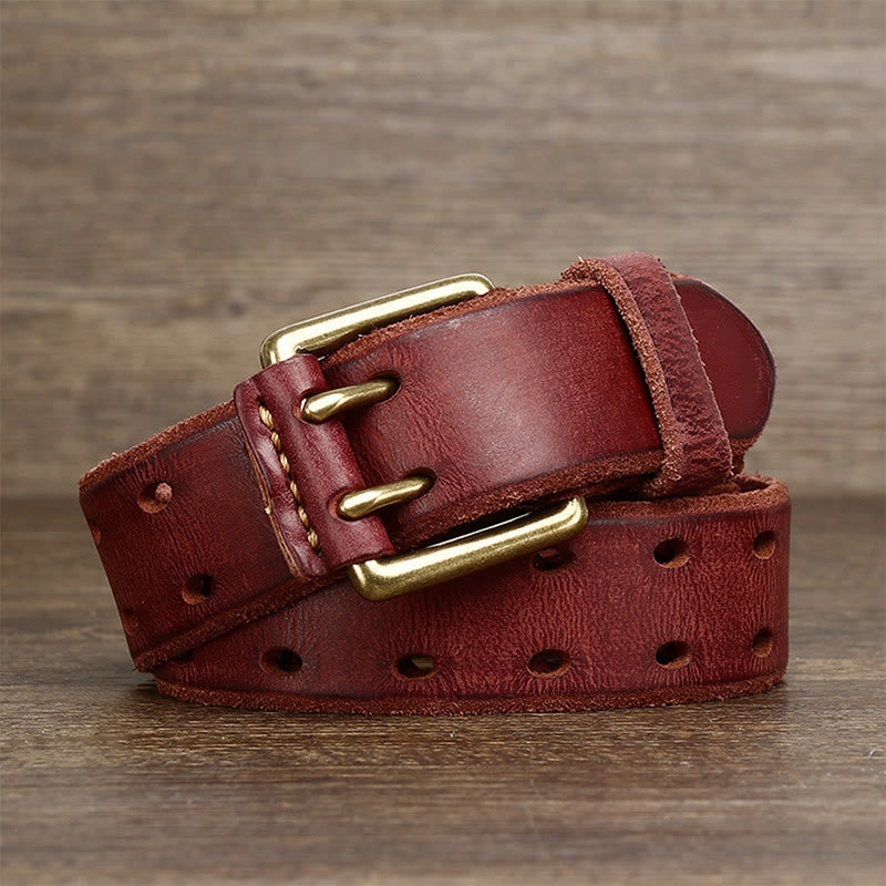 Double Prong Buckle Western 2 Holes Leather Belt - Wine Red - 46 - image 0