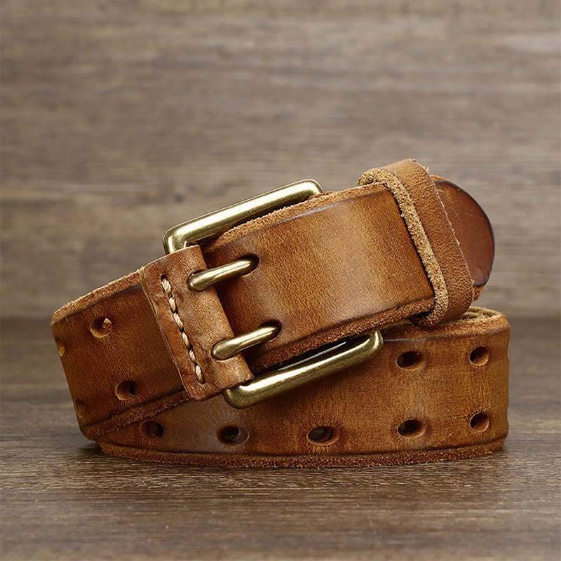 Double Prong Buckle Western 2 Holes Leather Belt - Khaki - 46 - image 6