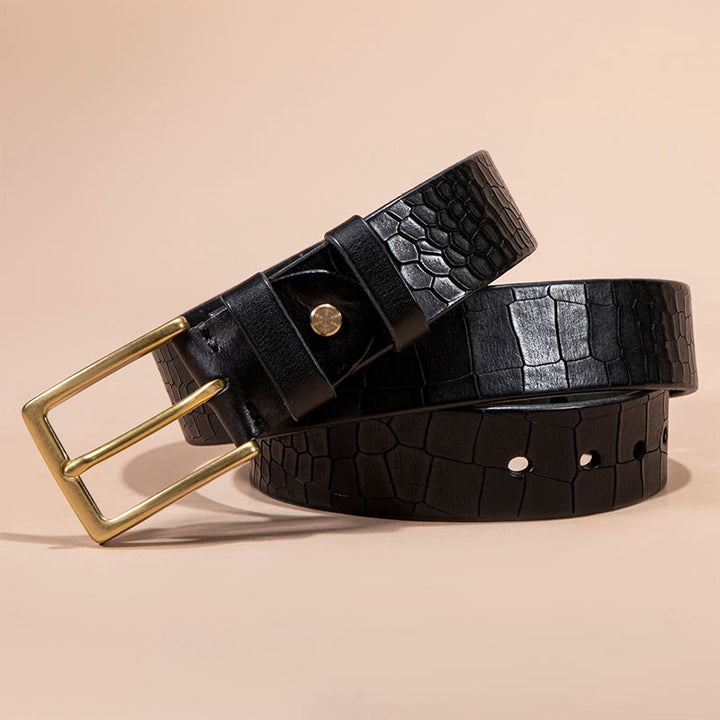 Solid Brass Buckle Alligator Embossed Italian Leather Belt