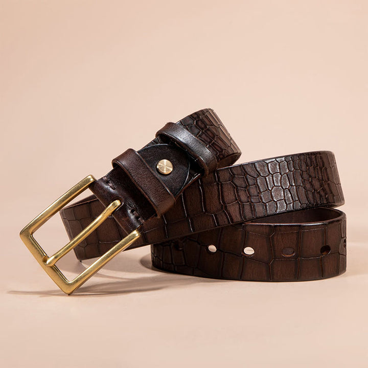 Solid Brass Buckle Alligator Embossed Italian Leather Belt