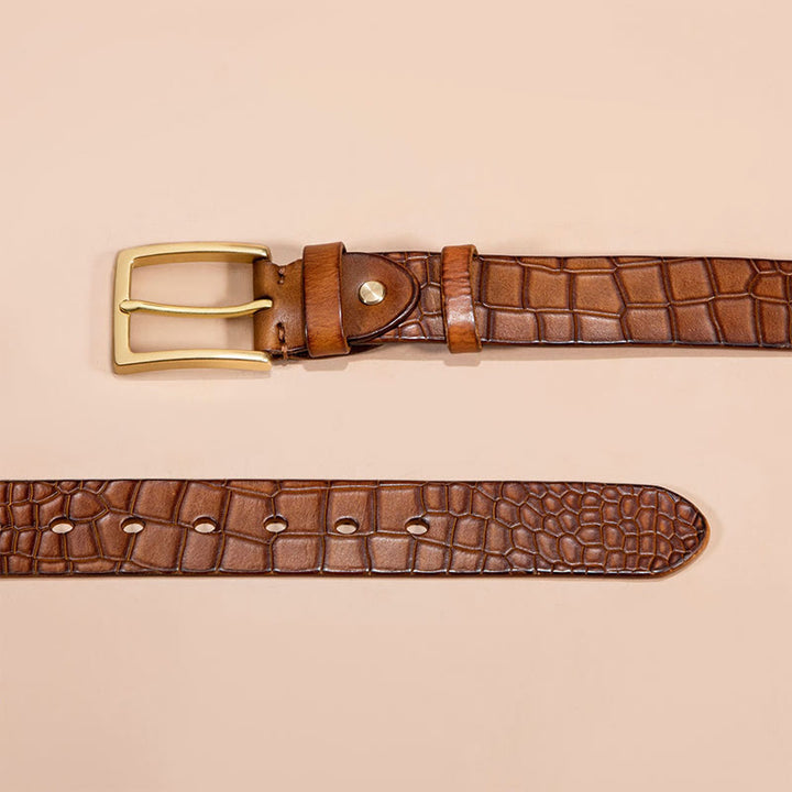 Solid Brass Buckle Alligator Embossed Italian Leather Belt