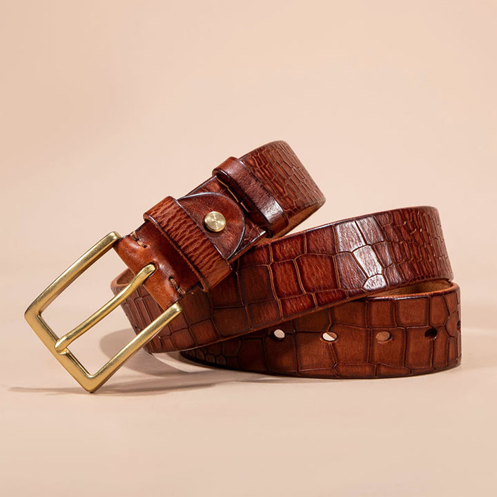 Solid Brass Buckle Alligator Embossed Italian Leather Belt
