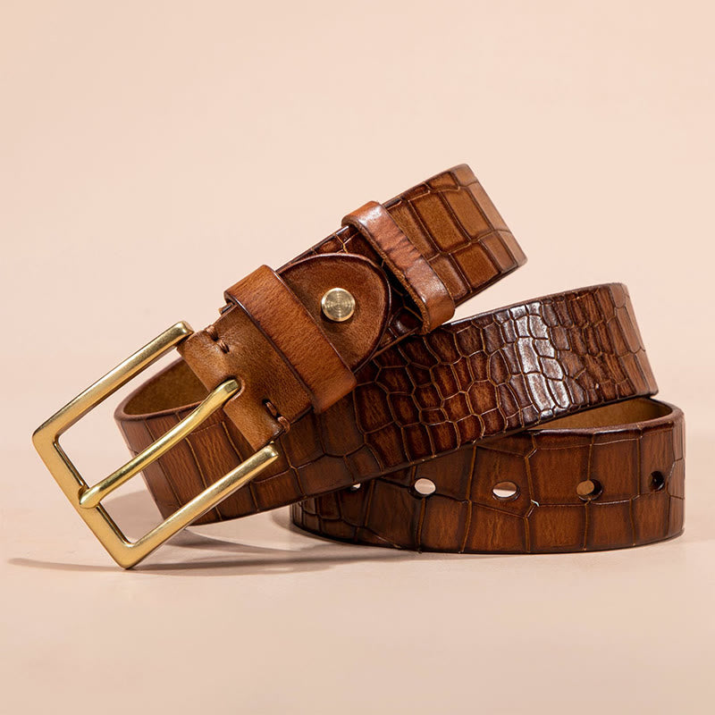 Solid Brass Buckle Alligator Embossed Italian Leather Belt