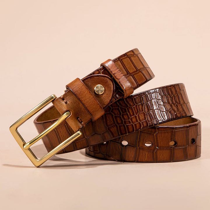 Solid Brass Buckle Alligator Embossed Italian Leather Belt