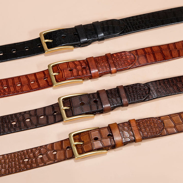 Solid Brass Buckle Alligator Embossed Italian Leather Belt