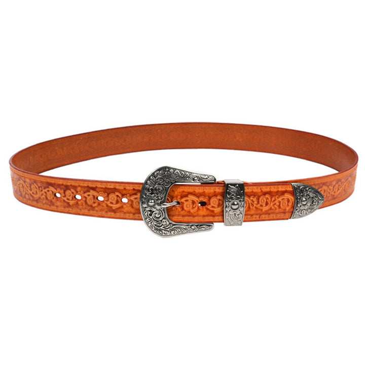 Silver Buckle Buckle Western Embossed Leather Belt