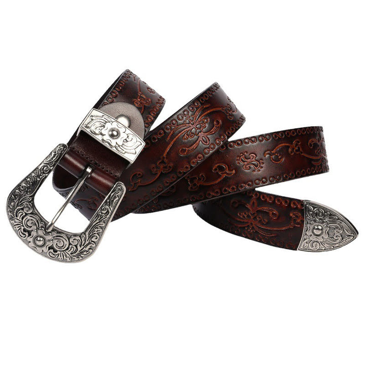 Silver Buckle Buckle Western Embossed Leather Belt - image 8
