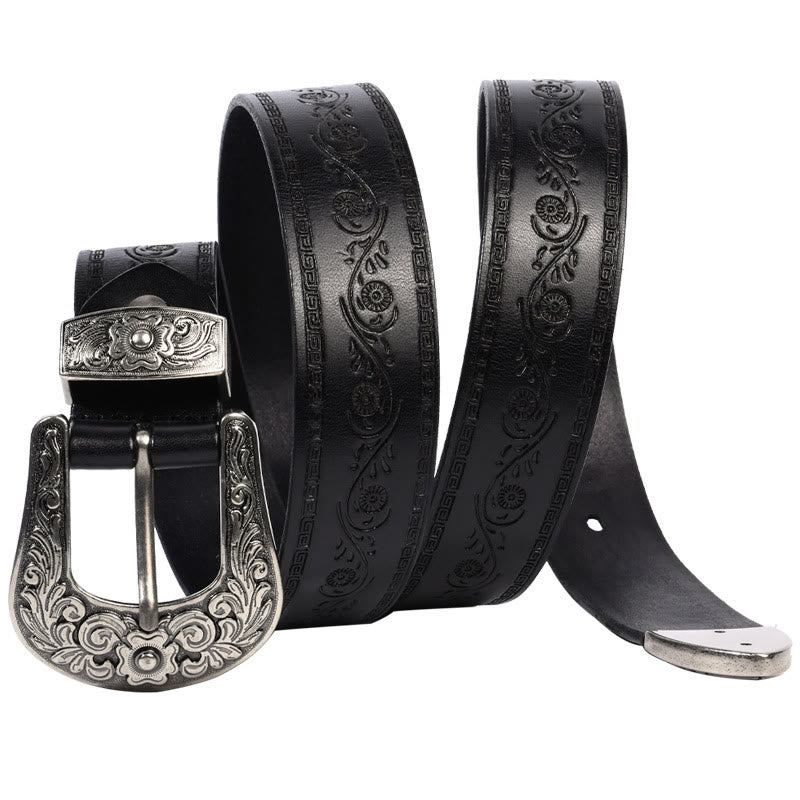 Silver Buckle Buckle Western Embossed Leather Belt - Lucky Flower-Black - 44 - image 5