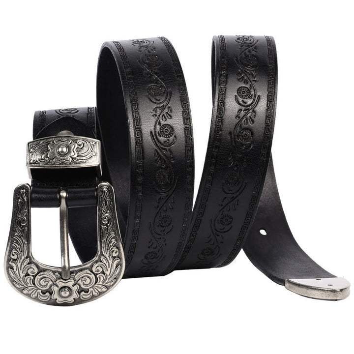 Silver Buckle Buckle Western Embossed Leather Belt - Lucky Flower-Black - 44 - image 5