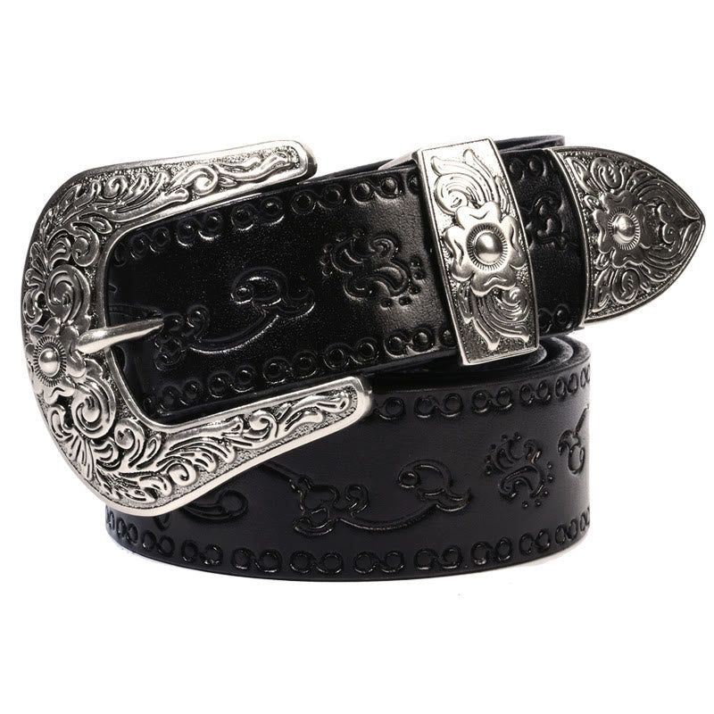 Silver Buckle Buckle Western Embossed Leather Belt - Morning Glory-Black - 44 - image 10