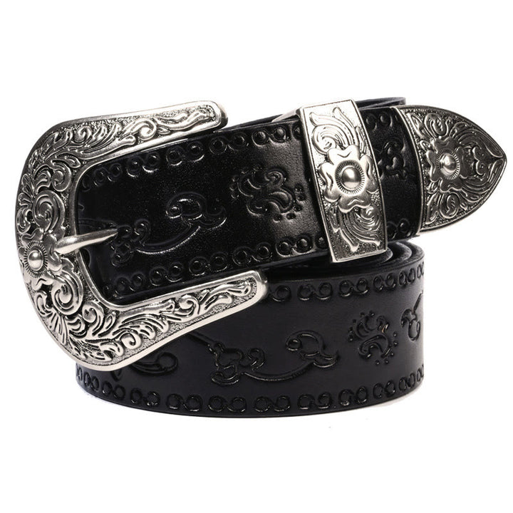 Silver Buckle Buckle Western Embossed Leather Belt - Morning Glory-Black - 44 - image 10