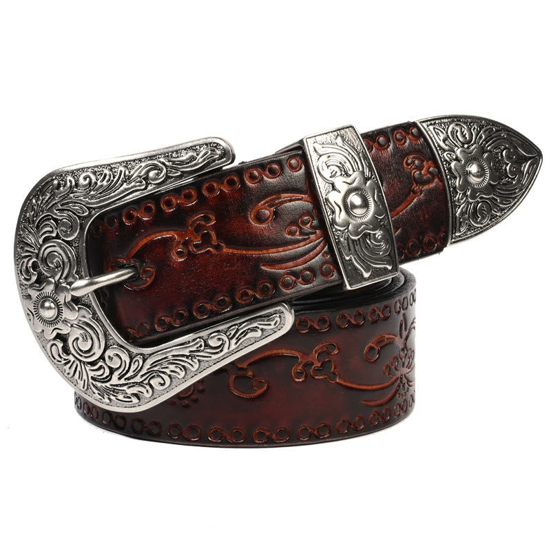 Silver Buckle Buckle Western Embossed Leather Belt - Morning Glory-Coffee - 44 - image 7