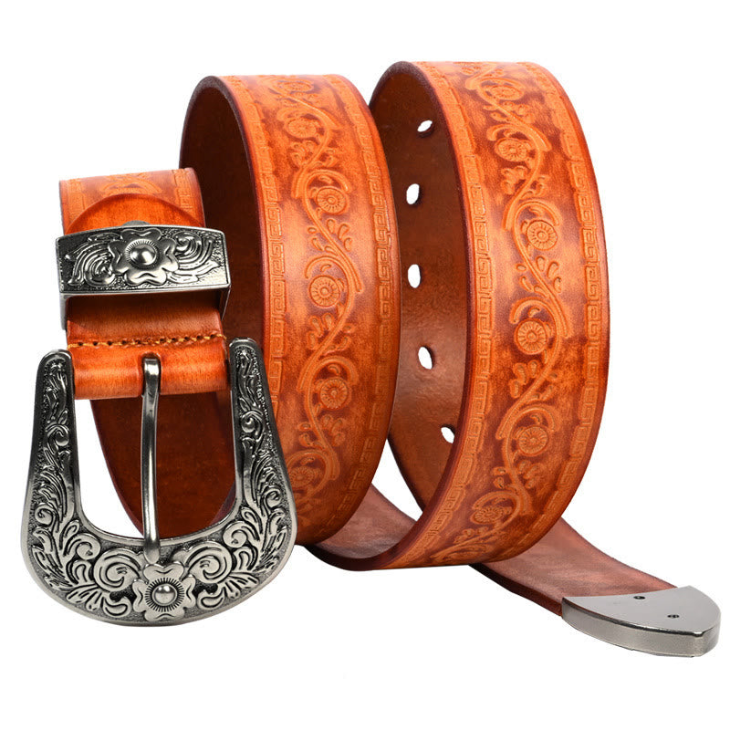 Silver Buckle Buckle Western Embossed Leather Belt - Lucky Flower-Yellow - 44 - image 3