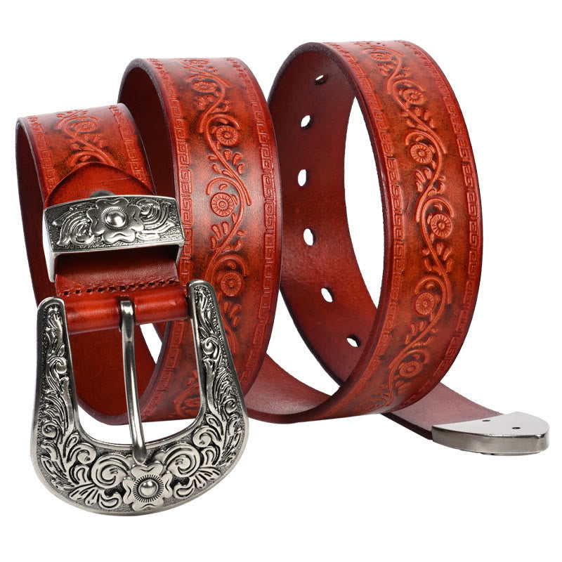 Silver Buckle Buckle Western Embossed Leather Belt - Lucky Flower-Red Brown - 44 - image 1