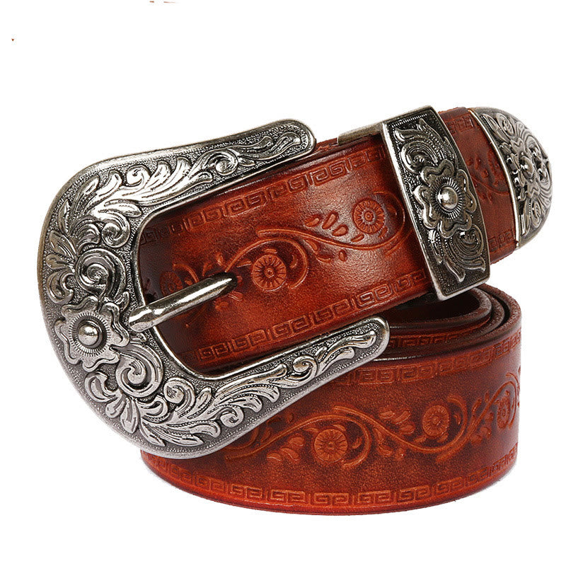 Silver Buckle Buckle Western Embossed Leather Belt - image 0