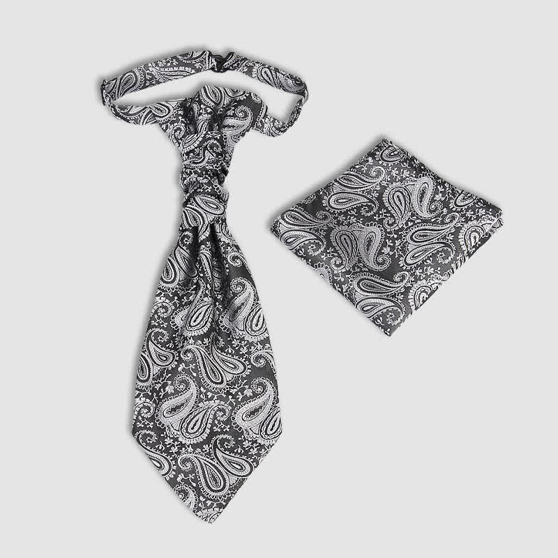 2Pcs Men's Pre-Tied Paisley Wrinkle Knot Necktie Pocket Square - Gray - image 0
