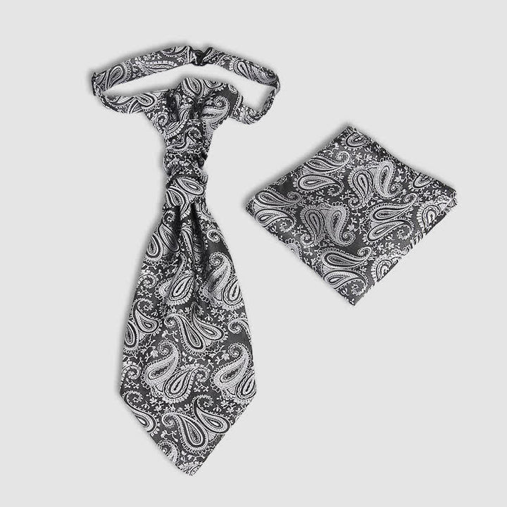 2Pcs Men's Pre-Tied Paisley Wrinkle Knot Necktie Pocket Square - Gray - image 0