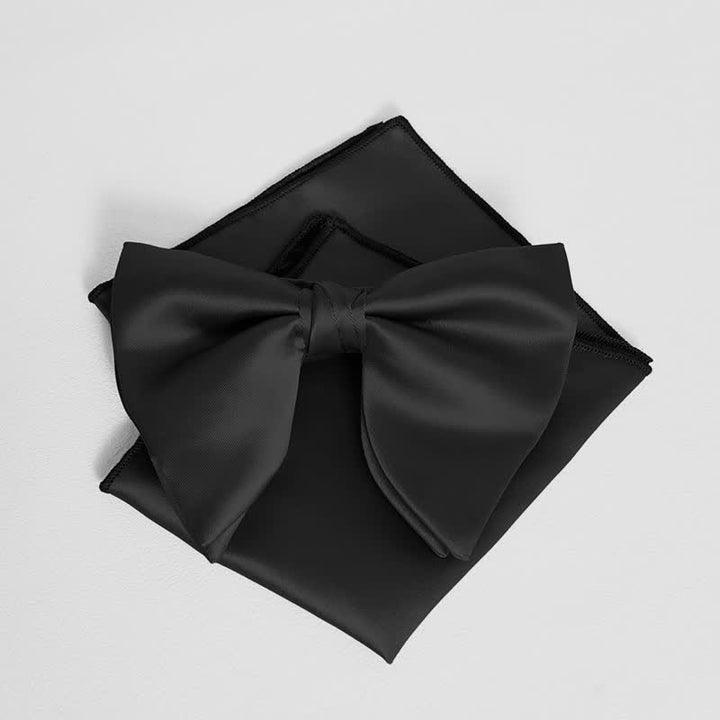 Men's British Style Solid Color Oversized Pointed Bow Tie Pocket Square - Black - Bow Tie + Pocket Square - image 7