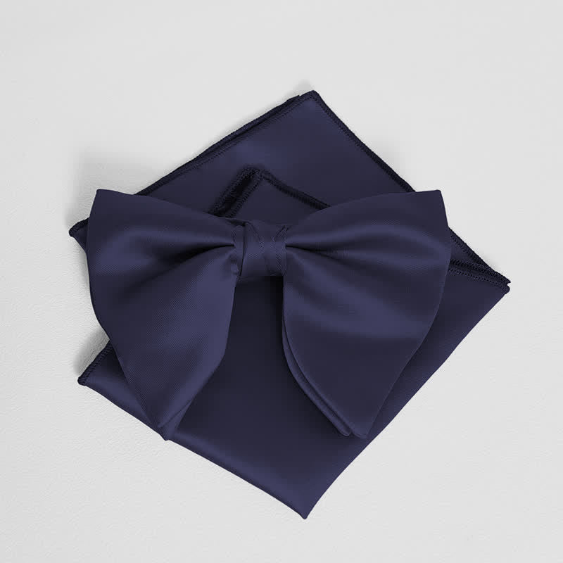 Men's British Style Solid Color Oversized Pointed Bow Tie Pocket Square - Navy - Bow Tie + Pocket Square - image 21
