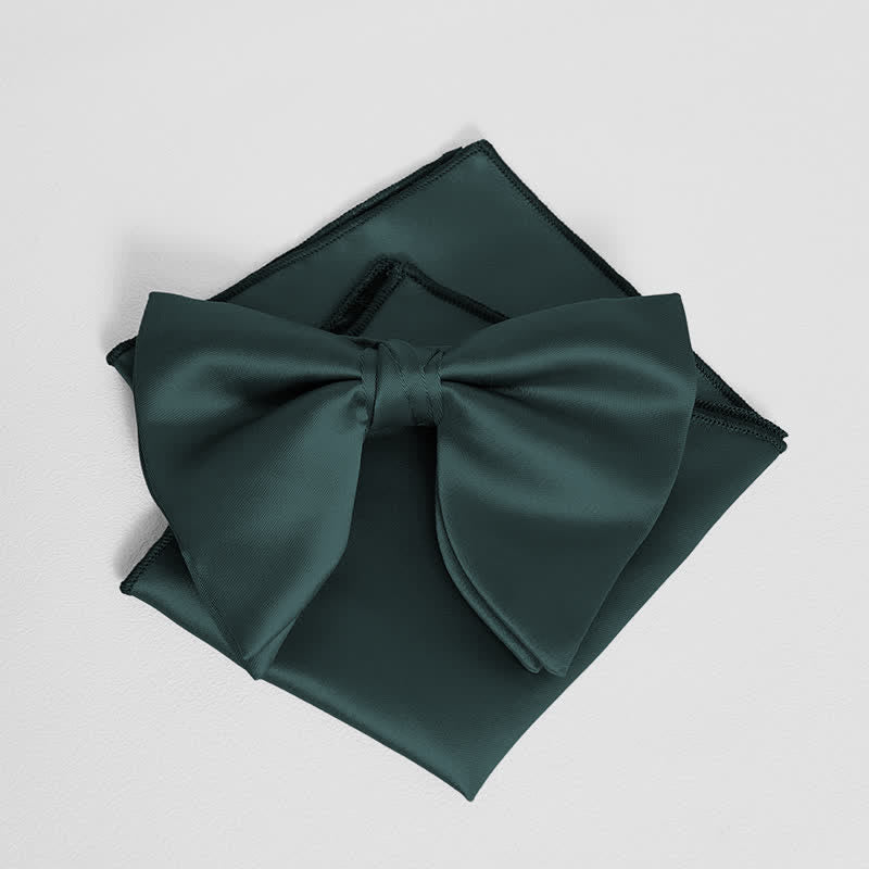 Men's British Style Solid Color Oversized Pointed Bow Tie Pocket Square - Dark Green - Bow Tie + Pocket Square - image 9