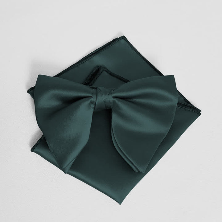 Men's British Style Solid Color Oversized Pointed Bow Tie Pocket Square - Dark Green - Bow Tie + Pocket Square - image 9