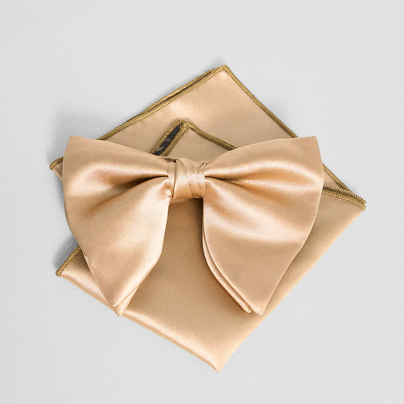 Men's British Style Solid Color Oversized Pointed Bow Tie Pocket Square - Champagne - Bow Tie + Pocket Square - image 5