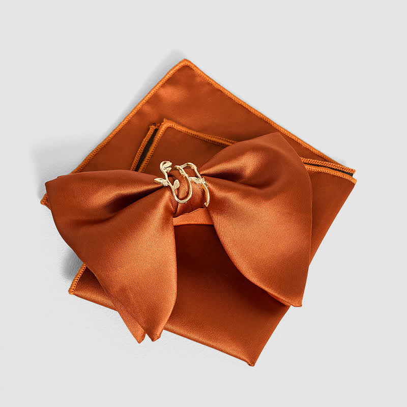 Men's Gold Vine Leaf Oversized Pointed Bow Tie Pocket Square