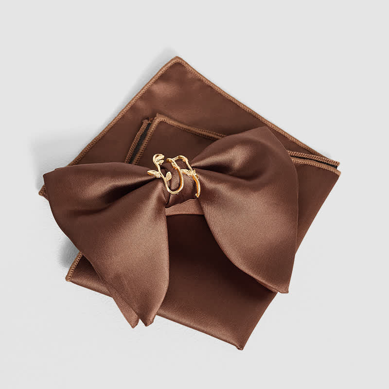 Men's Gold Vine Leaf Oversized Pointed Bow Tie Pocket Square