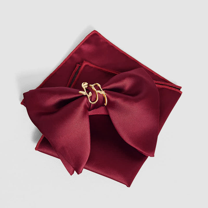 Men's Gold Vine Leaf Oversized Pointed Bow Tie Pocket Square - Burgundy - Bow Tie + Pocket Square - image 21