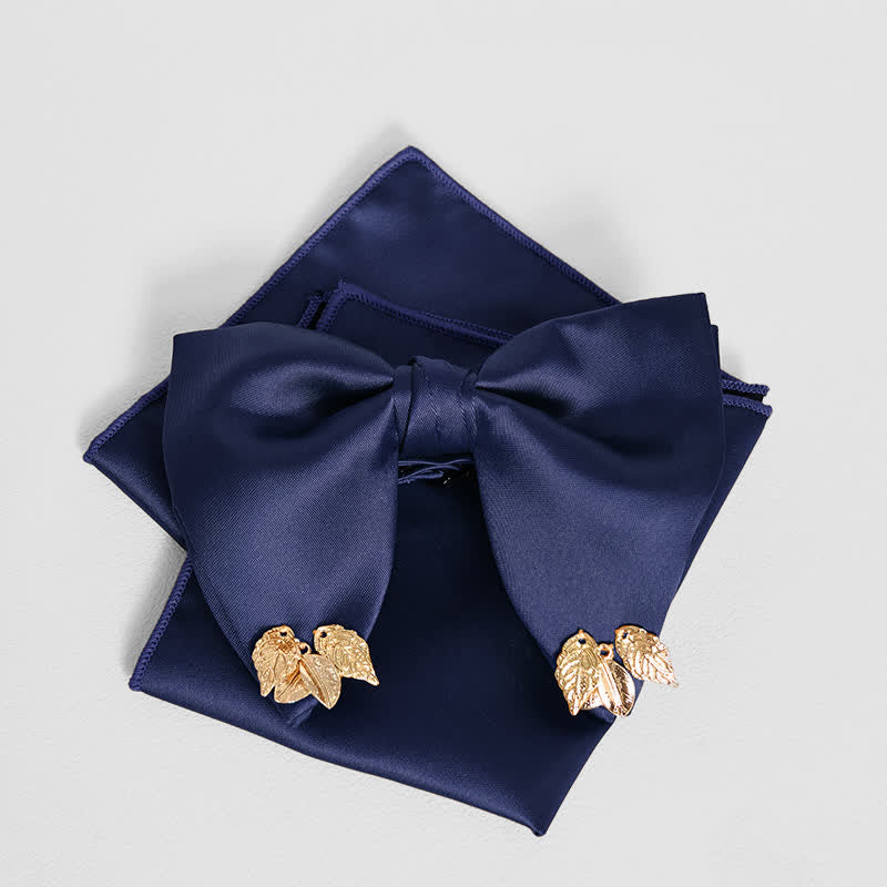 Men's Double-Layers Leaves Oversized Bow Tie Pocket Square - Navy - Bow Tie + Pocket Square - image 8