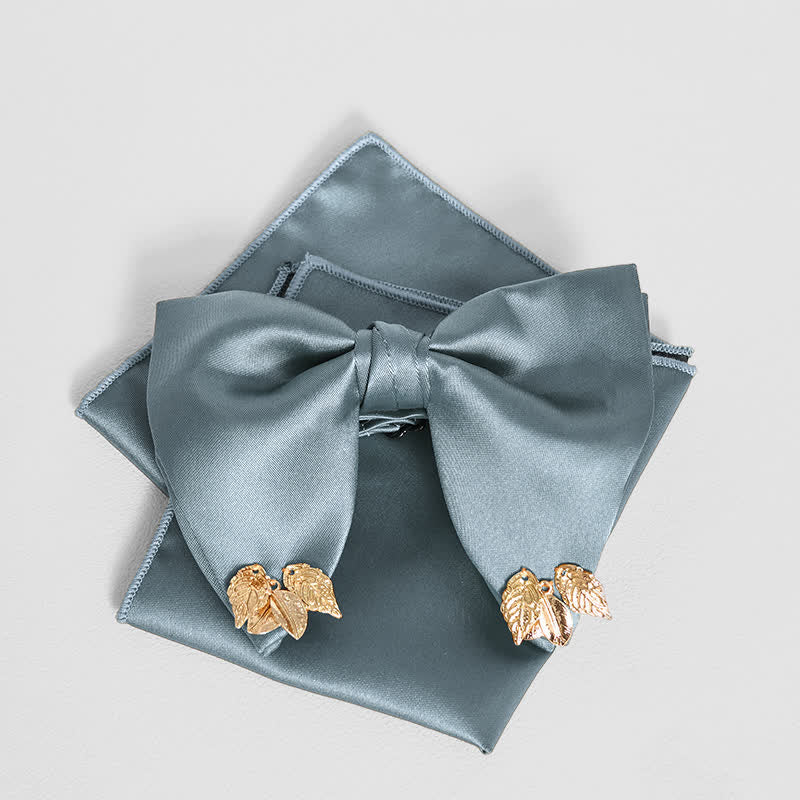 Men's Double-Layers Leaves Oversized Bow Tie Pocket Square - Gray - Bow Tie + Pocket Square - image 21