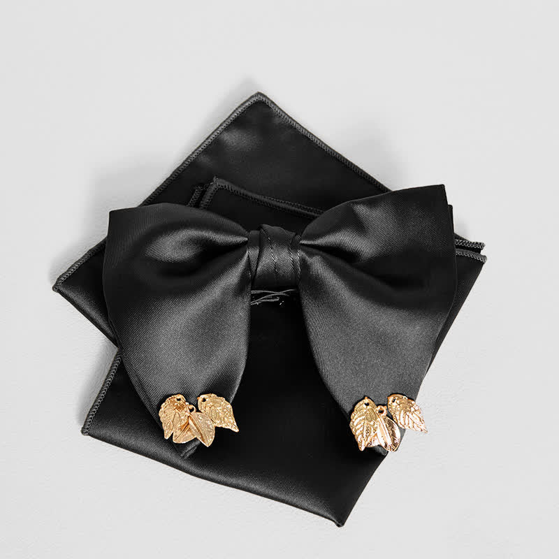 Men's Double-Layers Leaves Oversized Bow Tie Pocket Square - Black - Bow Tie + Pocket Square - image 12