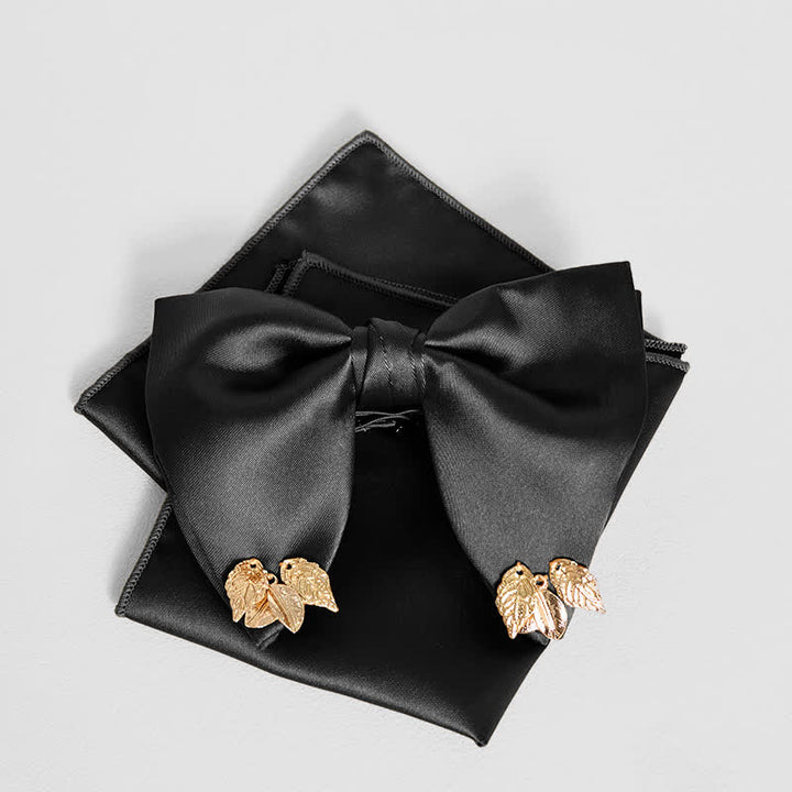 Men's Double-Layers Leaves Oversized Bow Tie Pocket Square - Black - Bow Tie + Pocket Square - image 12