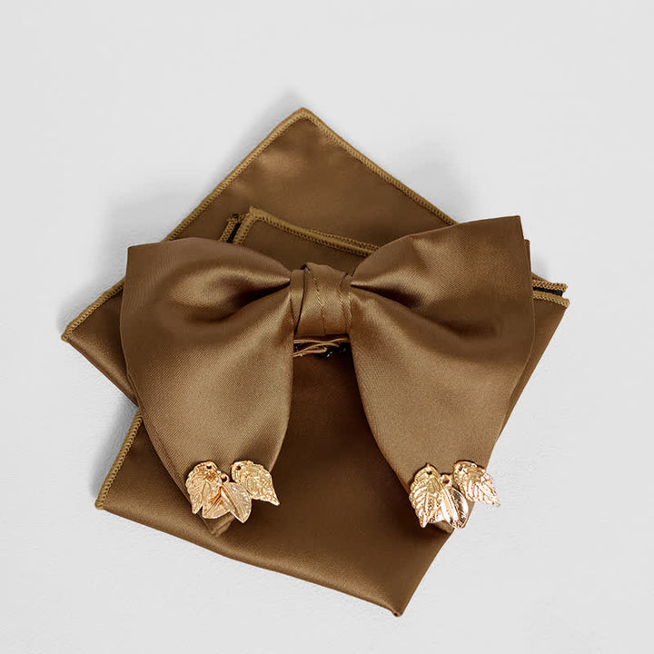 Men's Double-Layers Leaves Oversized Bow Tie Pocket Square