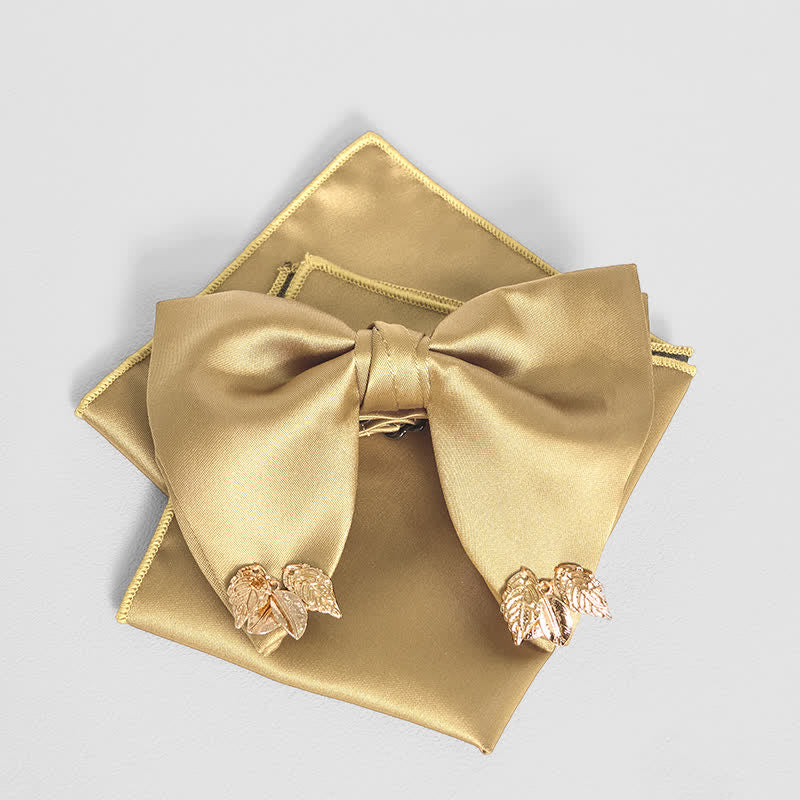 Men's Double-Layers Leaves Oversized Bow Tie Pocket Square