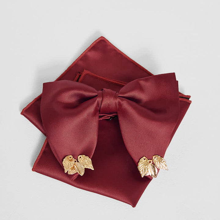 Men's Double-Layers Leaves Oversized Bow Tie Pocket Square - Burgundy - Bow Tie + Pocket Square - image 16