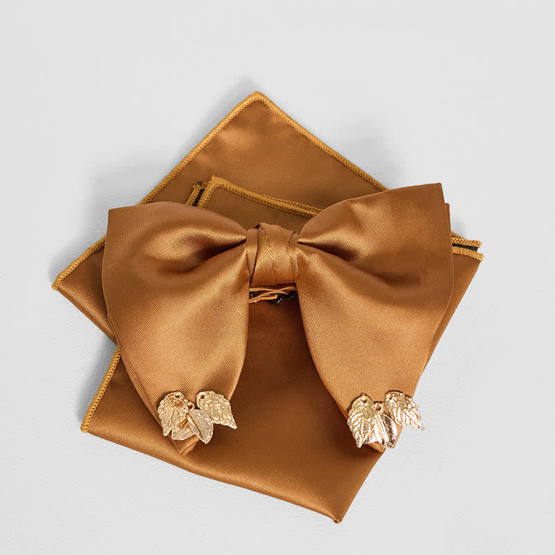 Men's Double-Layers Leaves Oversized Bow Tie Pocket Square - Yellow - Bow Tie + Pocket Square - image 19