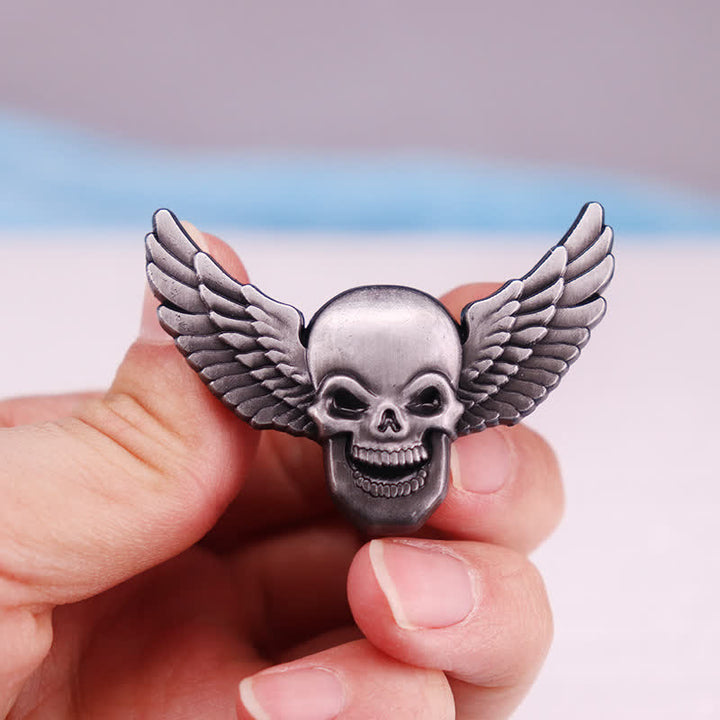 Winged Demonic Laughing Skull Head Brooch - Antique Silver - image 0