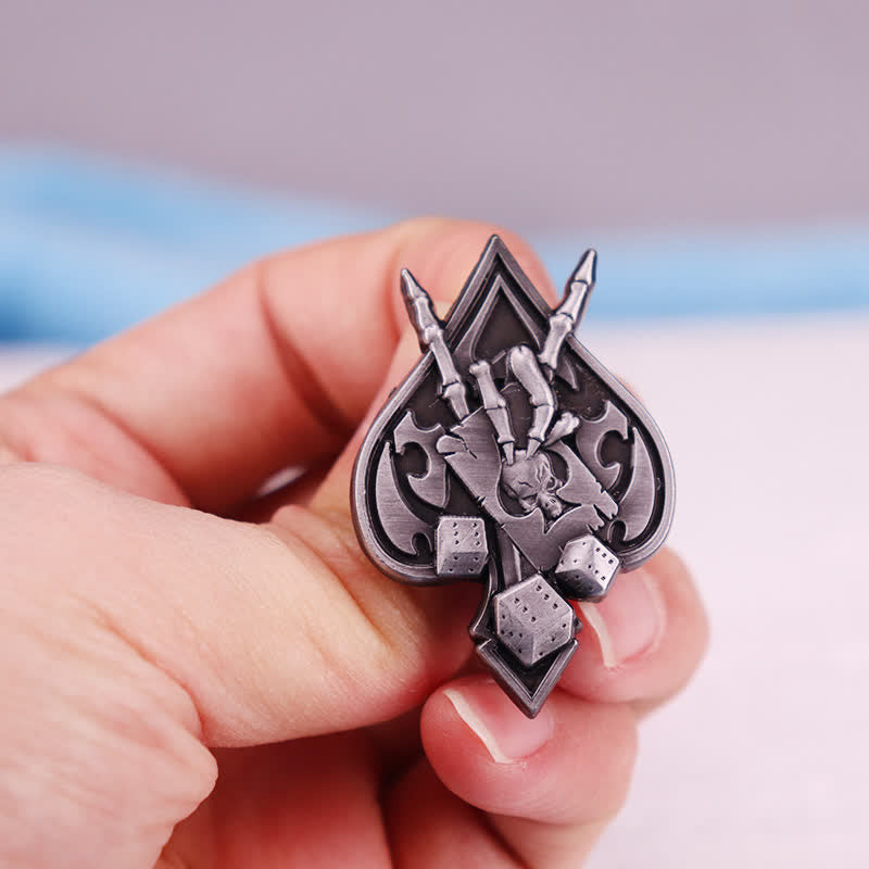 Ace Spades Skull Skeleton Devil Hand Horns Brooch - Antique Silver - image 0