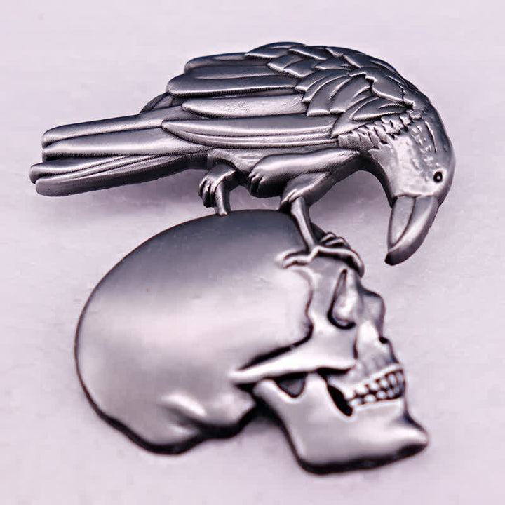 Gothic Antique Silver Embossed Raven Skull Brooch